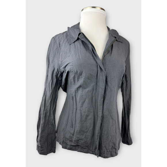 Eileen Fisher Grey Metallic Shimmer Crinkle Full Zip Jacket Long Sleeve Large - Picture 3 of 16